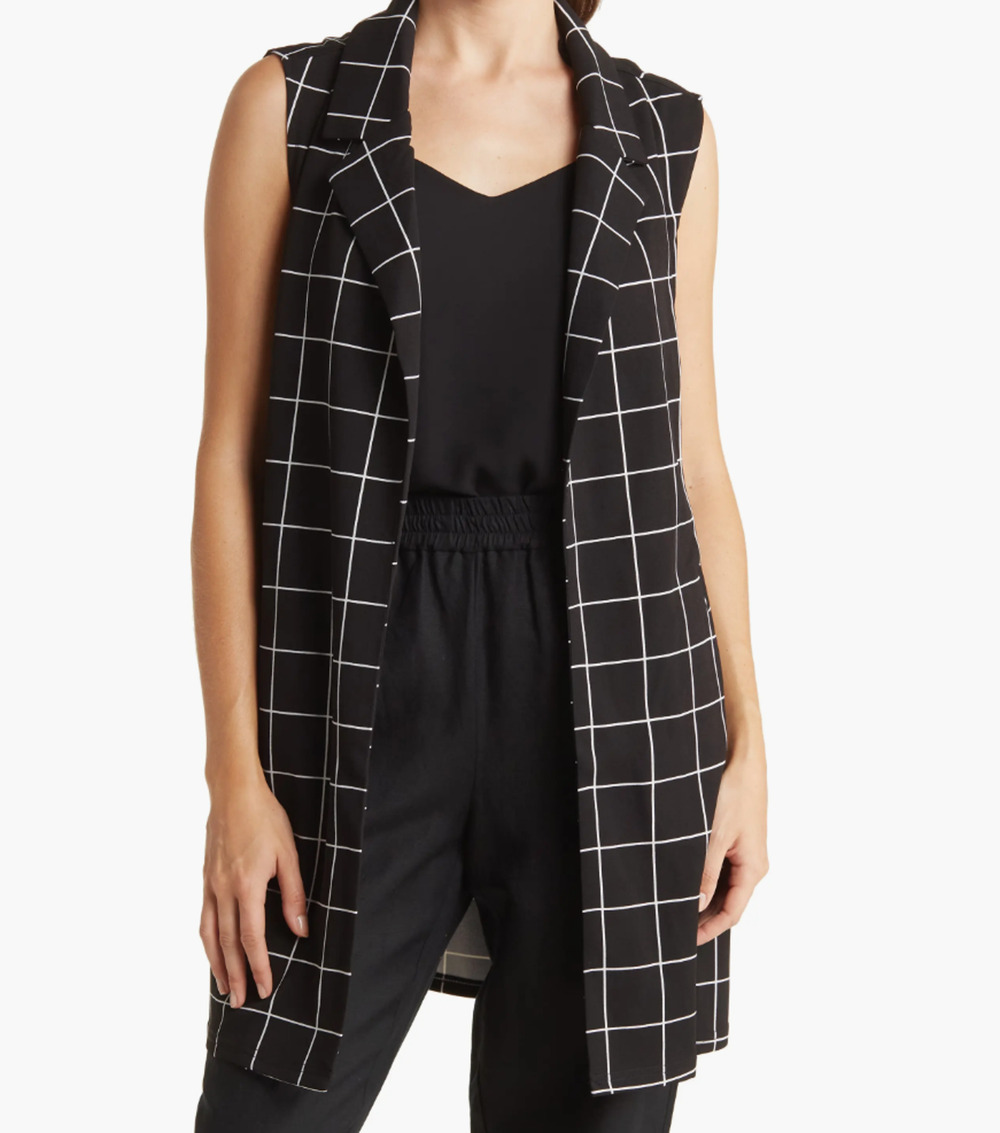 NWT Melloday Longline Duster Vest Sz L Black White Windowpane Plaid Notch Collar